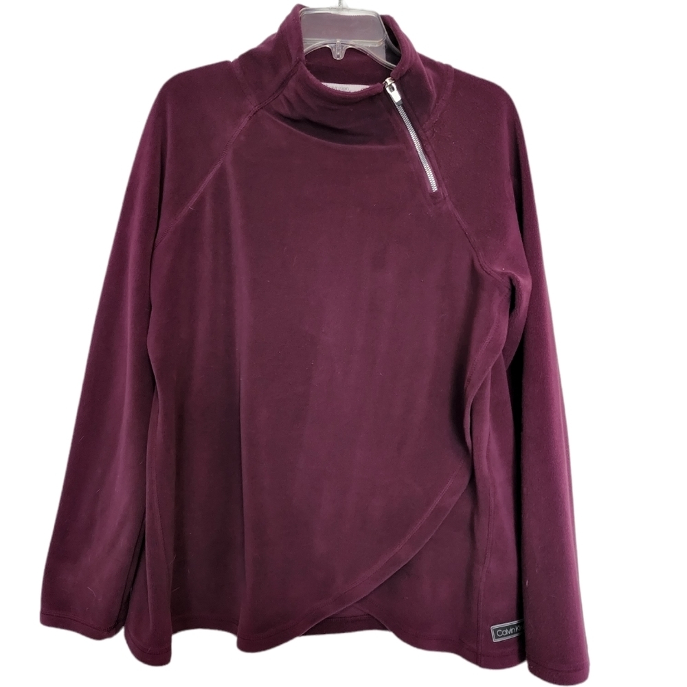 Calvin Klein red purple asymmetrical zip plush  faux wrap pullover LG